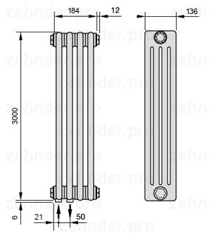Схема (чертеж) Радиатор Zehnder Charleston 4300/4 №3370 Белый глянцевый RAL 9016
